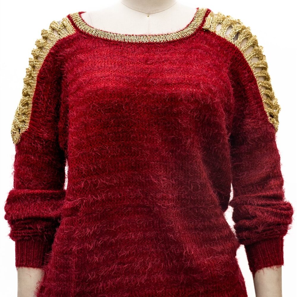 Paris Paris Red Fuzzy Sweater | Gold Crochet Shoulder Detail | Size M